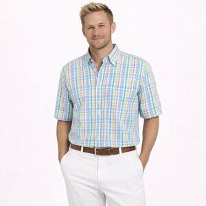 Grant Thomas Tartan Plaid Short Slv Button-Up Shirt Pastel Preppy Spring Summer